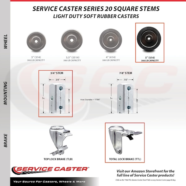 5 Inch Soft Rubber Swivel 3/4 Inch Square Stem Caster Total Lock Brakes, 2PK